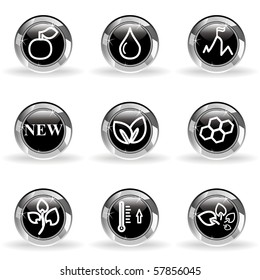 Set of 9 glossy web icons (set 19). Black circle with star reflection and shadow.
