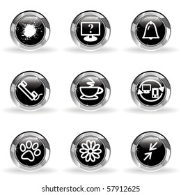 Set of 9 glossy web icons (set 26). Black circle with star reflection and shadow.