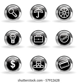 Set of 9 glossy web icons (set 24). Black circle with star reflection and shadow.