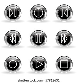 Set of 9 glossy web icons (set 23). Black circle with star reflection and shadow.