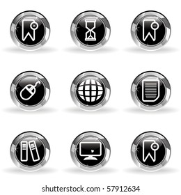 Set of 9 glossy web icons (set 22). Black circle with star reflection and shadow.