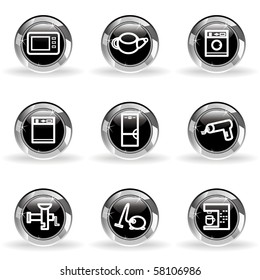 Set of 9 glossy web icons (set 32). Black circle with star reflection and shadow.