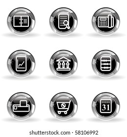 Set of 9 glossy web icons (set 36). Black circle with star reflection and shadow.