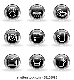 Set of 9 glossy web icons (set 33). Black circle with star reflection and shadow.