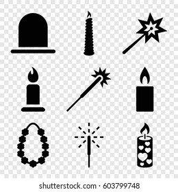 Set of 9 glowing filled icons such as siren, candle, sparklers, sparkler