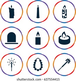 set of 9 glowing filled icons such as siren, sparklers, candle, sparkler