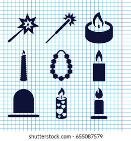 Set of 9 glowing filled icons such as siren, candle, sparklers