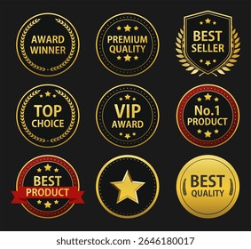 Set of 9 gold award badges with red and black accents. Includes premium, best seller, top choice, and VIP labels. Ideal for certificates, branding, and promotions. Vector, fully editable 