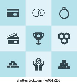 Set of 9 gold filled icons such as honeycombs, money insurance, gold, trophy, engagement ring, bank card