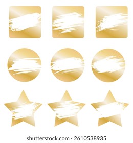 Set of 9 Gold scratch shape, distressed elements on transparent background. Concept of lottery, casino, winning, gambling, luck. Vector