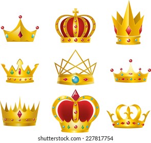 Set of 9 golden crowns vector illustration design