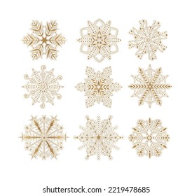 Satz von 9 goldenen Schneeflocken einzeln auf weißem Hintergrund. Vektorgrafik.
