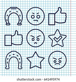 Set of 9 good outline icons such as horseshoe, angry emot, like, star, horseshoe