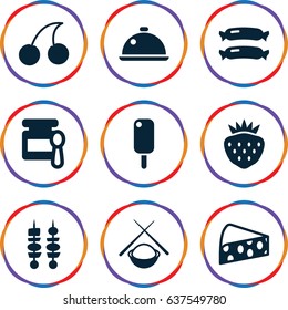 set of 9 gourmet filled icons such as sausage, baby food, cherry, strawberry, kebab, dish, asian food, cheese