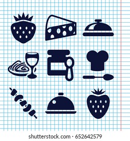 Set of 9 gourmet filled icons such as dish, baby food, pasta and wine glass, kebab, strawberry, chef hat and spoon