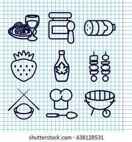 Set of 9 gourmet outline icons such as sausage, baby food, maple syrup, pasta and wine glass, strawberry, bbq, kebab, chef hat and spoon
