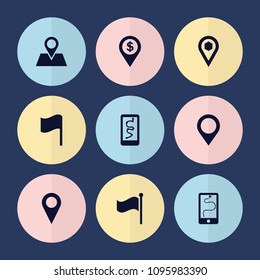 Set of 9 gps filled icons such as location pin, location, flag