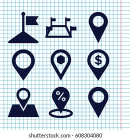 Set of 9 gps filled icons such as flag, location pin, location
