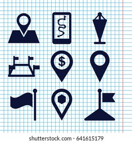 Set of 9 gps filled icons such as flag, location pin, location, locations, dollar location