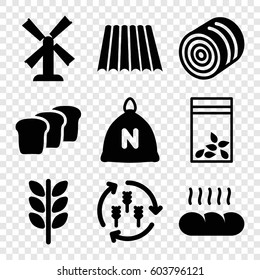 Set of 9 grain filled icons such as field, harvest, sack, hay, mill, seed bag, bread