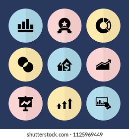 Set of 9 graph filled icons such as circle intersection, graph, chart, medal, pie chart