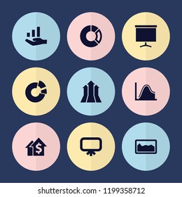 Set of 9 graph filled icons such as board, graph on hand, arrows up, dolar growth, pie chart