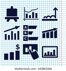 Set of 9 graph filled icons such as board, graph, chart, statistic, hand on graph