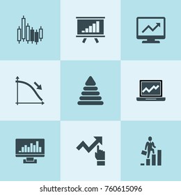 Set of 9 graph filled icons such as graph on display, pyramid toy, chart on display, chart