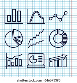 Set of 9 graph outline icons such as pie chart, chart, chart on display