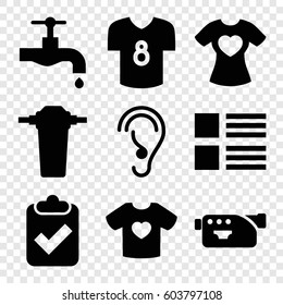 Set of 9 graphics filled icons such as tap, t-shirt with heart, camera, ear, football t shirt, menu