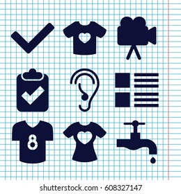 Set of 9 graphics filled icons such as tap, t-shirt with heart, camera, ear, football t shirt, tick, menu
