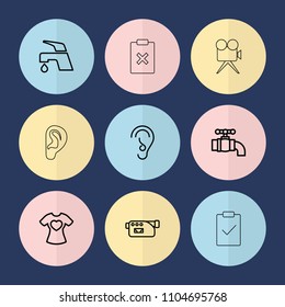 Set of 9 graphics outline icons such as tap, t-shirt with heart, camera, ear, clipboard with tick