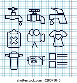 Set of 9 graphics outline icons such as tap, t-shirt with heart, camera, menu