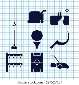 Set of 9 grass filled icons such as lawn mower, hoe, scythe, irrigation system, football pitch, landscape