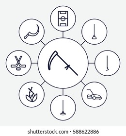 Set of 9 grass outline icons such as hoe, scythe, lawn mower, football pitch, hockey