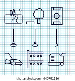 Set of 9 grass outline icons such as lawn mower, hoe, irrigation system, landscape, football pitch