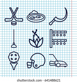 Set of 9 grass outline icons such as hoe, scythe, irrigation system, pond, lawn mower, hockey, american football helmet, plant