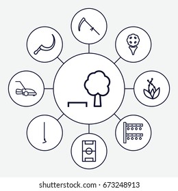 set of 9 grass outline icons such as hoe, scythe, irrigation system, lawn mower, football pitch, plant, tree and bench