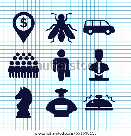 Set of 9 gray filled icons such as fly, perfume, bust, group, bell, chess horse, dollar location, man with case
