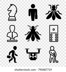 Set of 9 gray filled and outline icons such as fly, man with case, medical drone, bust, domino, golf player