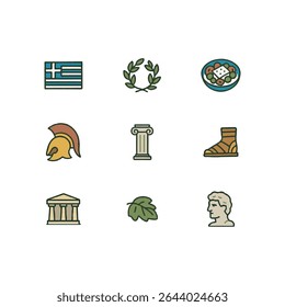 Set of 9 Greece icons, flag and national symbols. Simple cartoon style illustration.