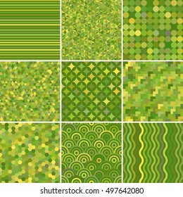 Set with 9 green abstract seamless geometric pattern, vector illustration