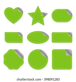 Set of 9 Green Blank Label Sticker Mix Shape with Shadow - Vector