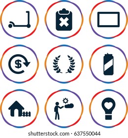 set of 9 green filled icons such as kick scooter, house, bulb heart, man, burst, olive branch, dollar, beer can