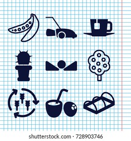 Set of 9 green filled and outline icons such as harvest, lawn mower, greenohuse, cactus, arrow up, tea, drink coconut, tree