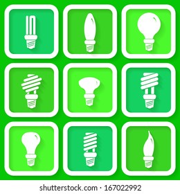 Set of 9 green icons of energy saving lamps. Eps10