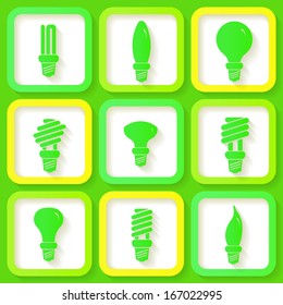 Set of 9 green icons of energy saving lamps. Eps10