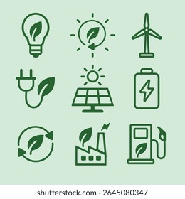 Conjunto de 9 ícones verdes: painéis solares, turbina eólica, lâmpada ecológica, plugue, bateria, reciclagem, fábrica, bomba de gás. Símbolos de energia verde. Vetor EPS10.