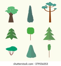 set of 9 green trees in flat style. Garden and forest plants with rough leaves