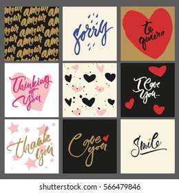 Set of 9 greeting cards and textures for valentine's day or wedding. Colorful vector ink lettering: "te quiero", "sorry", "amour", "thank you", "Love you", "thinking of you", "smile" and love quotes.